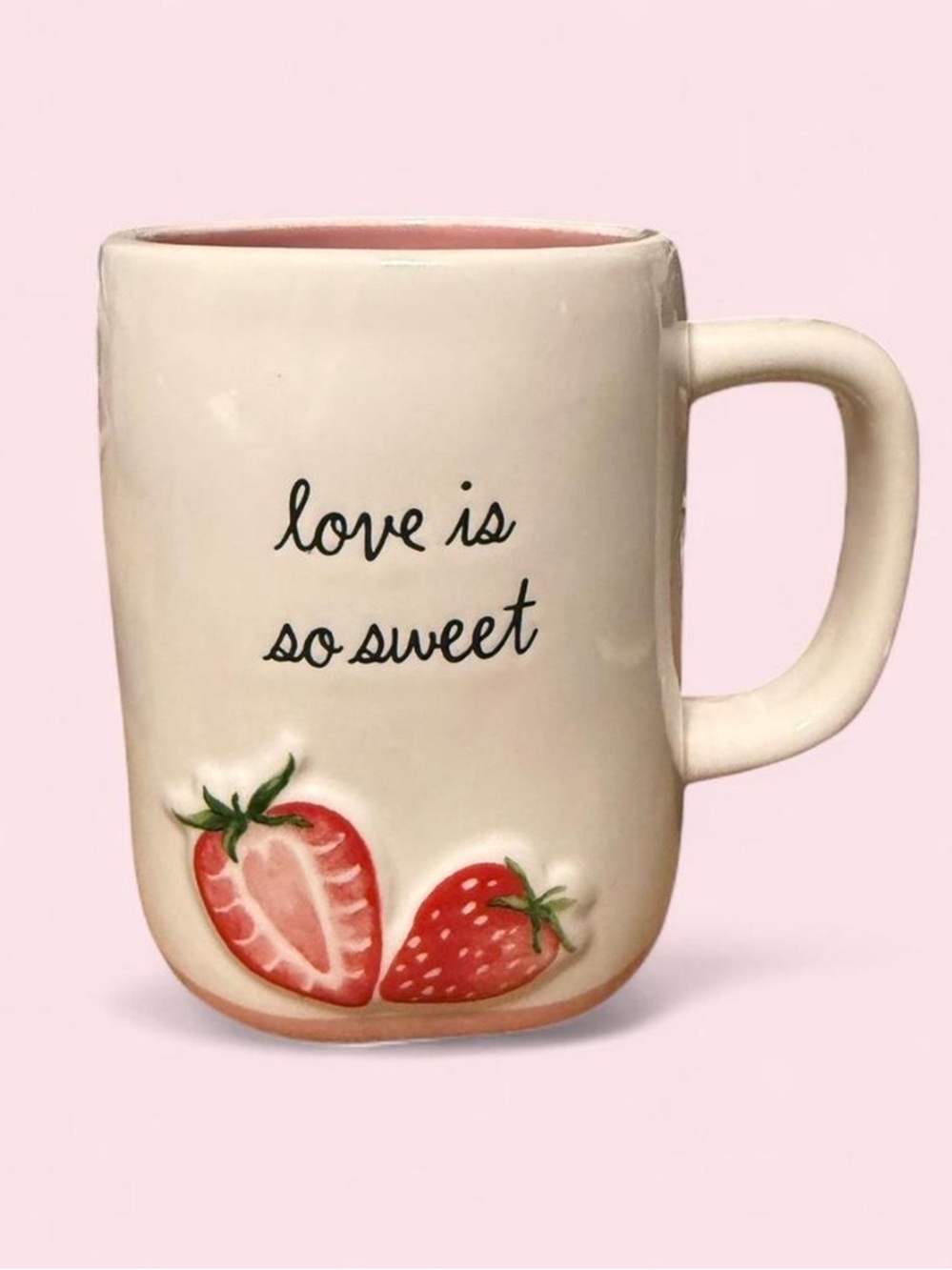 Rae Dunn Cream Mug with Pink Interior and Strawberry Motif